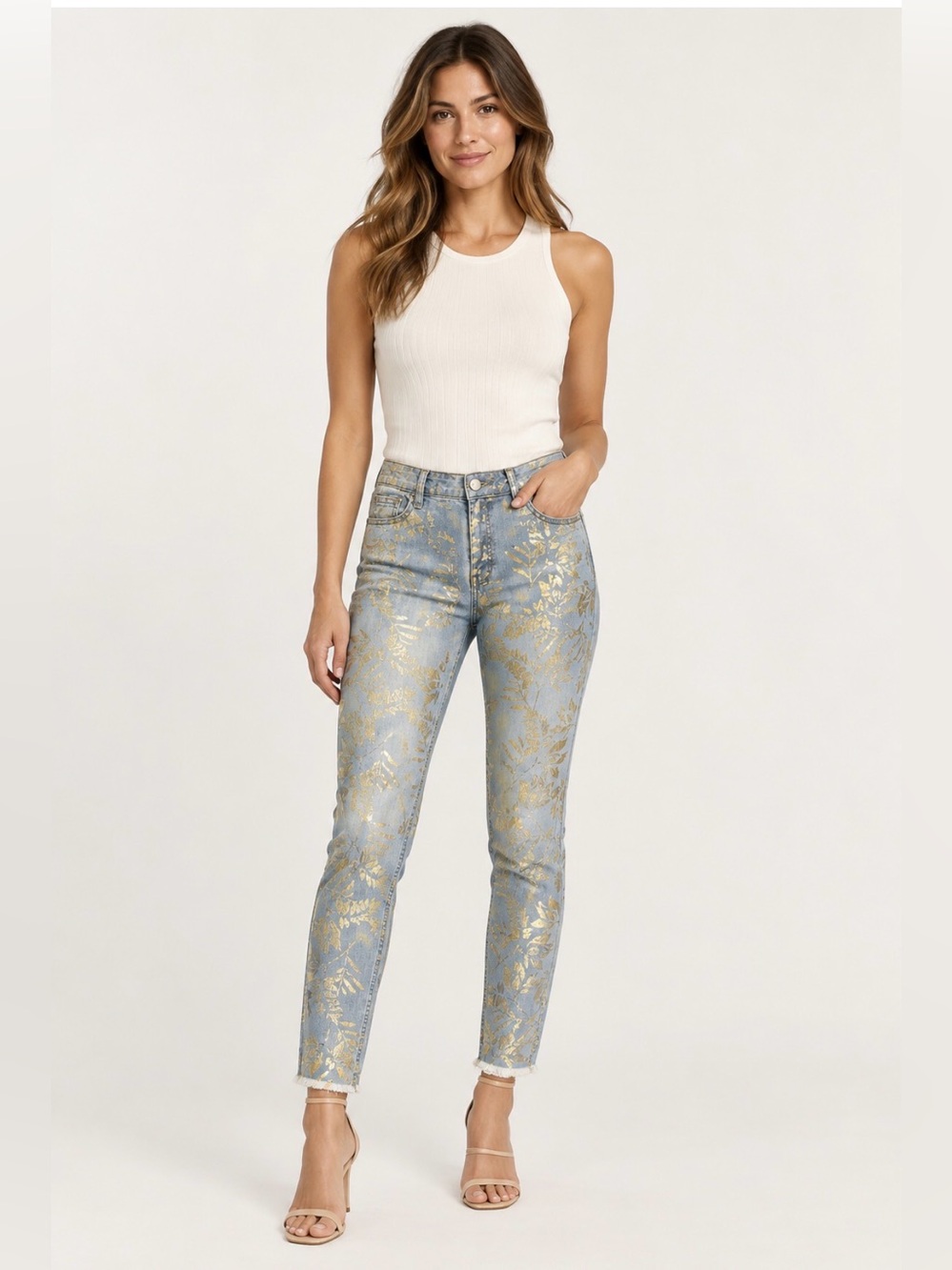 Frank Lyman Gold Foil Botanical Print Light Wash Skinny Jeans Size Large